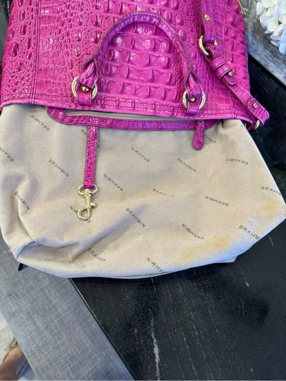 🩷🐊Brahmin Mini Asher Satchel Fuchsia Croc Embossed Leather Crossbody Pink